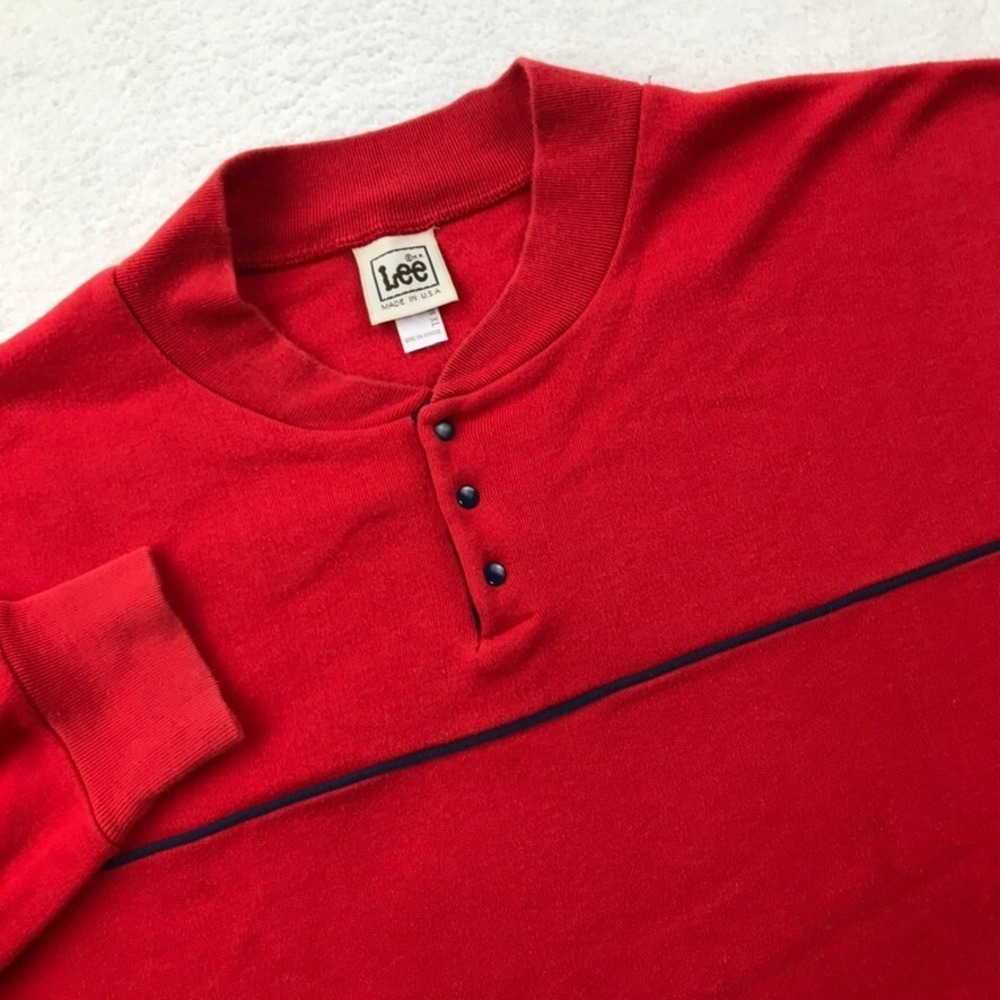 Vintage 80s LEE Sweater Mens Extra Large Red Fleece Henley Pullover Sweatshirt